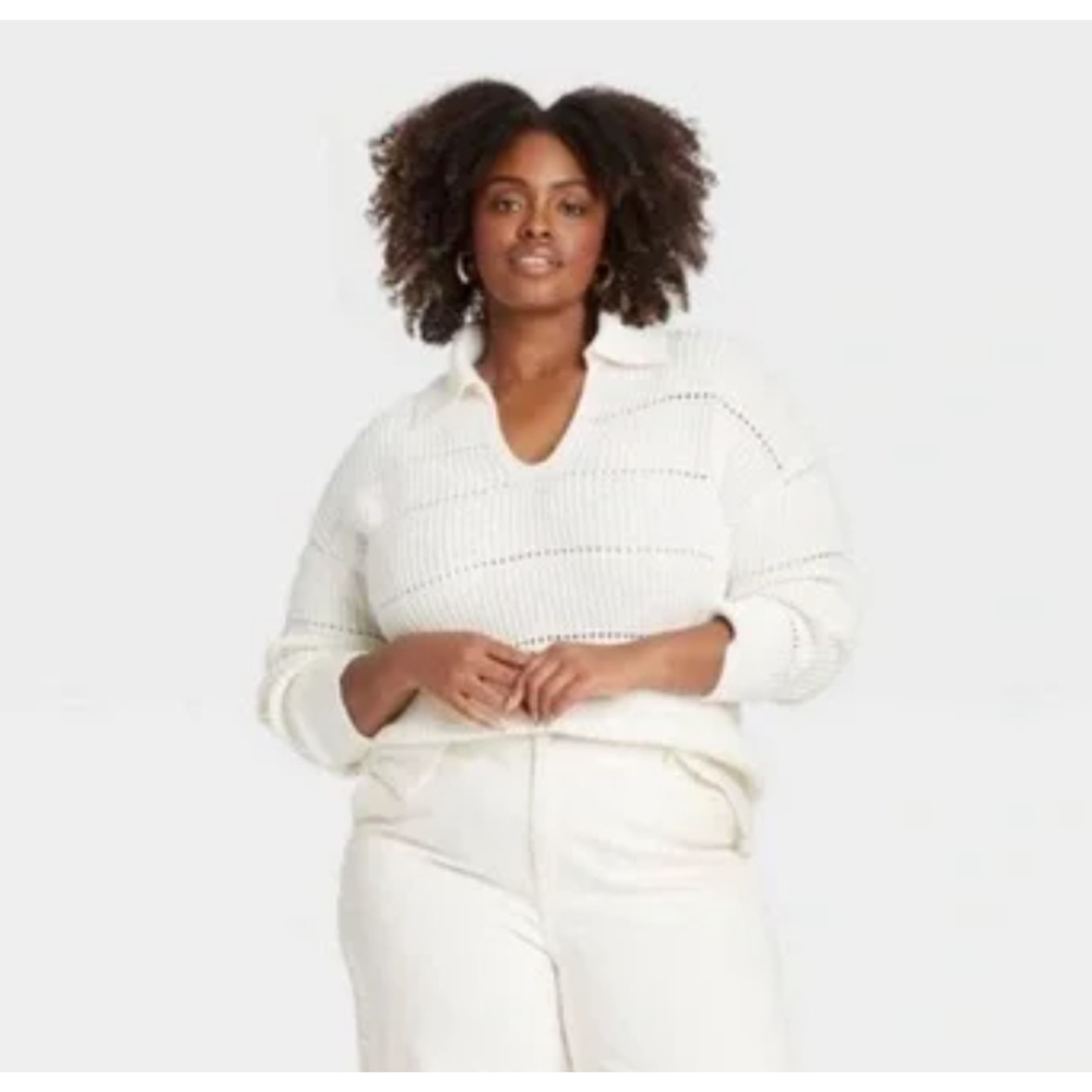 NWT Ava & Viv Collared Neck Pullover Heavy Knit Sweater White Size 3X (Plus)